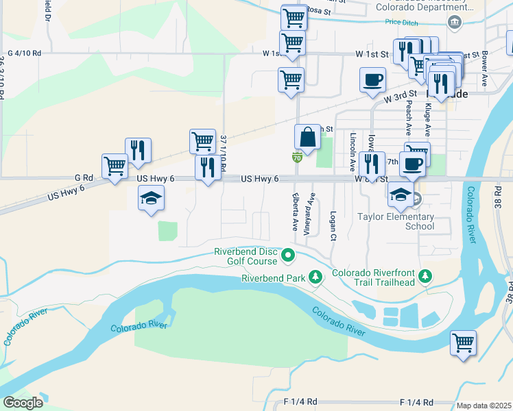 map of restaurants, bars, coffee shops, grocery stores, and more near 826 Montclair Drive in Palisade