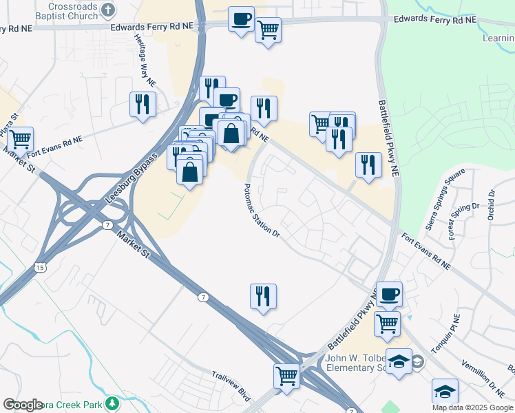 map of restaurants, bars, coffee shops, grocery stores, and more near 407 Andromeda Terrace Northeast in Leesburg
