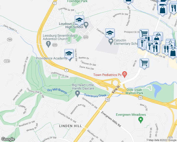 map of restaurants, bars, coffee shops, grocery stores, and more near 419 Davis Avenue Southwest in Leesburg