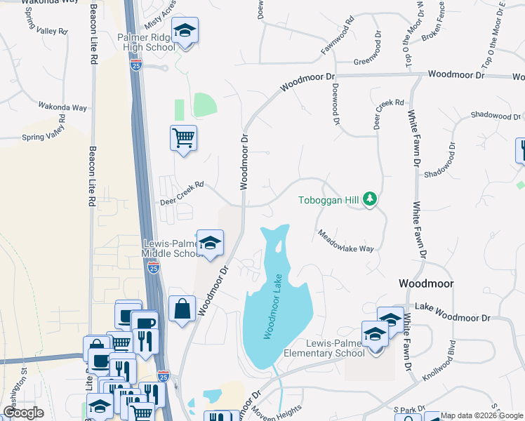 map of restaurants, bars, coffee shops, grocery stores, and more near 1679 Deer Creek Road in Monument