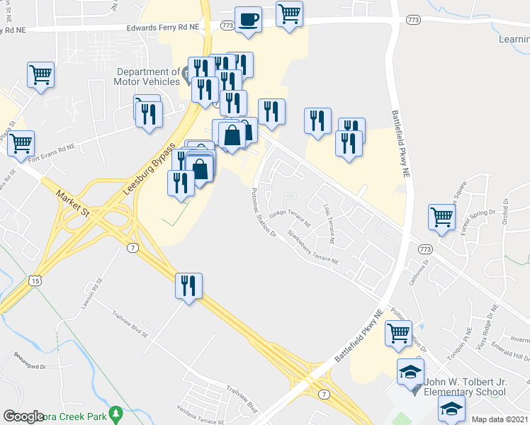 map of restaurants, bars, coffee shops, grocery stores, and more near 407 Andromeda Terrace Northeast in Leesburg
