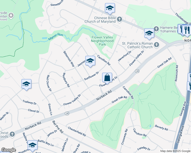 map of restaurants, bars, coffee shops, grocery stores, and more near 4632 Sunflower Drive in Rockville