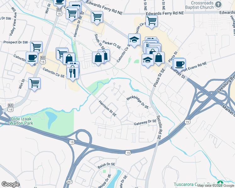 map of restaurants, bars, coffee shops, grocery stores, and more near 130 Oakview Drive Southeast in Leesburg