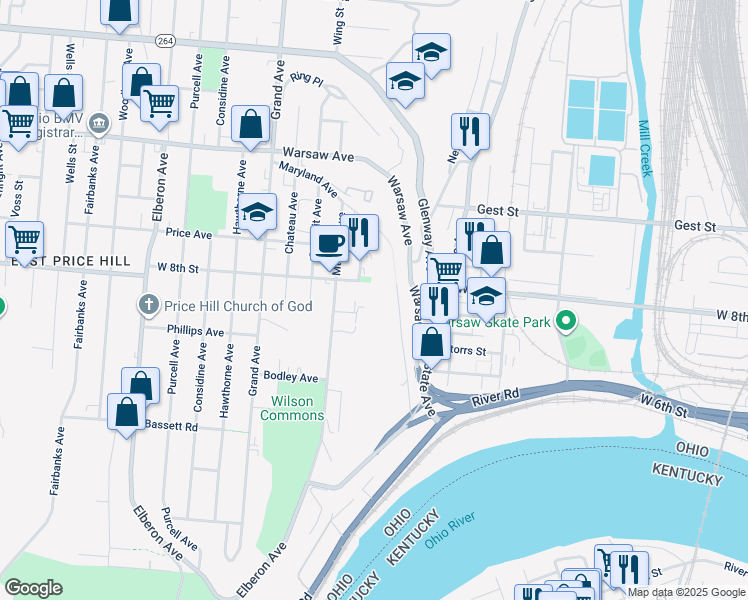 map of restaurants, bars, coffee shops, grocery stores, and more near 2429 Chateau Avenue in Cincinnati