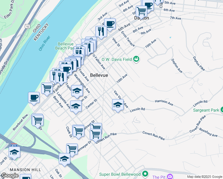 map of restaurants, bars, coffee shops, grocery stores, and more near 618 Center Street in Bellevue