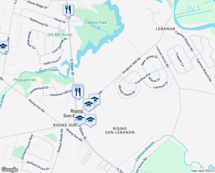 map of restaurants, bars, coffee shops, grocery stores, and more near 278 Sorghum Mill Road in Dover