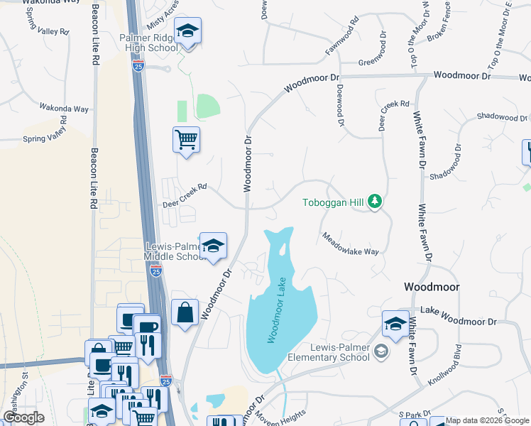 map of restaurants, bars, coffee shops, grocery stores, and more near 1680 Deer Creek Road in Monument