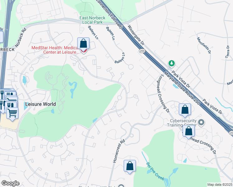 map of restaurants, bars, coffee shops, grocery stores, and more near 2904 North Leisure World Boulevard in Silver Spring