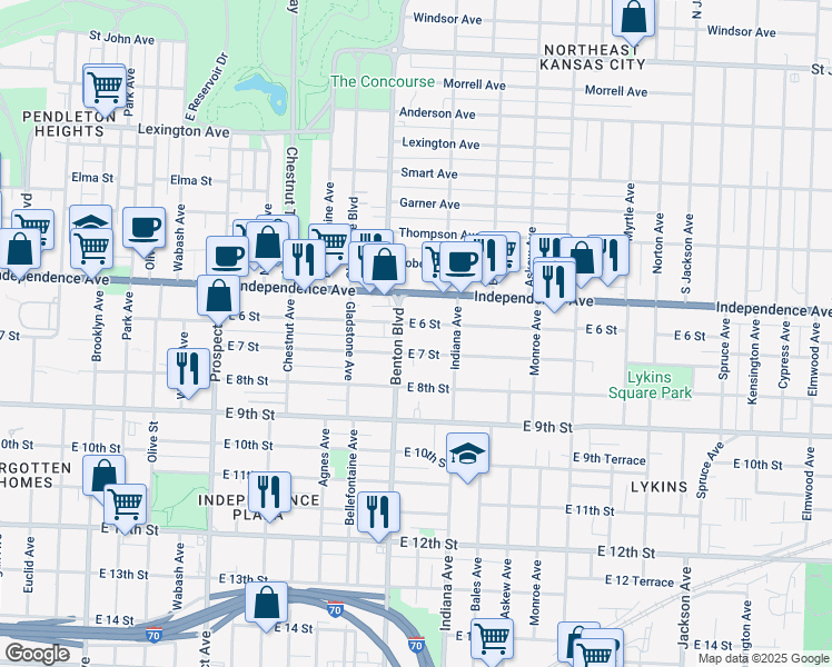 map of restaurants, bars, coffee shops, grocery stores, and more near 3211 East 6 Street in Kansas City