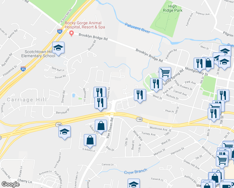 map of restaurants, bars, coffee shops, grocery stores, and more near 7808 Sandy Spring Road in Laurel