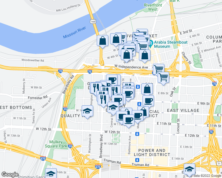 map of restaurants, bars, coffee shops, grocery stores, and more near 312 West 8th Street in Kansas City