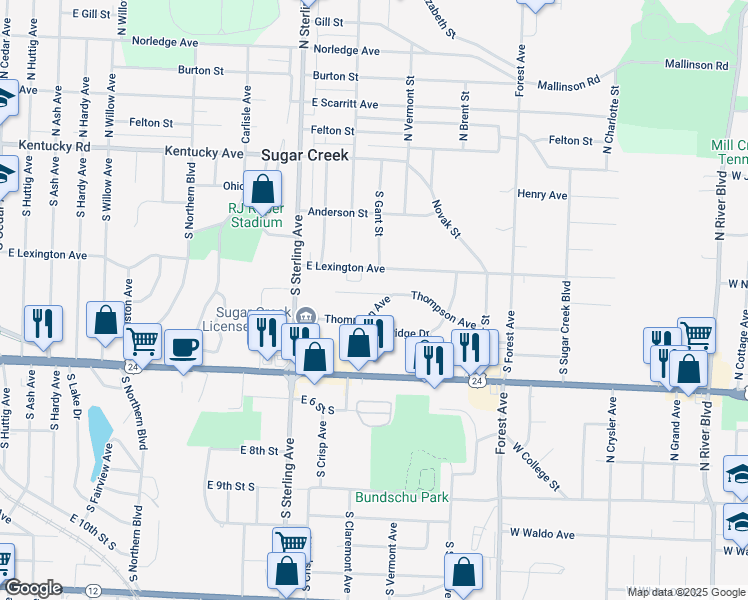 map of restaurants, bars, coffee shops, grocery stores, and more near 11306 Thompson Avenue in Sugar Creek