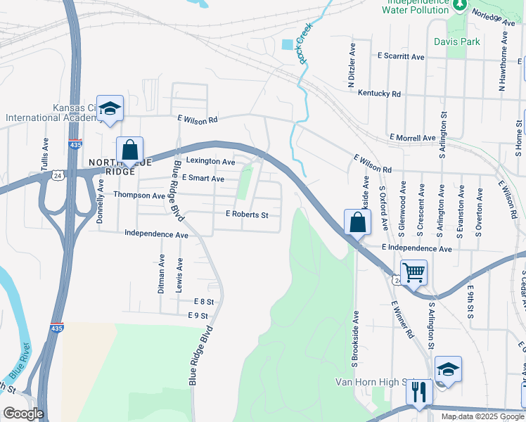 map of restaurants, bars, coffee shops, grocery stores, and more near 8912 East Roberts Street in Independence