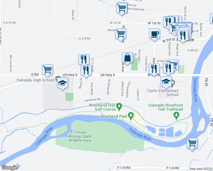 map of restaurants, bars, coffee shops, grocery stores, and more near 830 Montclair Drive in Palisade