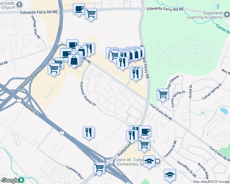map of restaurants, bars, coffee shops, grocery stores, and more near 408 Lilac Terrace Northeast in Leesburg