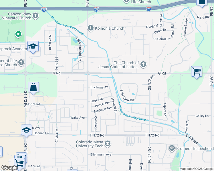 map of restaurants, bars, coffee shops, grocery stores, and more near 2518 Buchanan Drive in Grand Junction