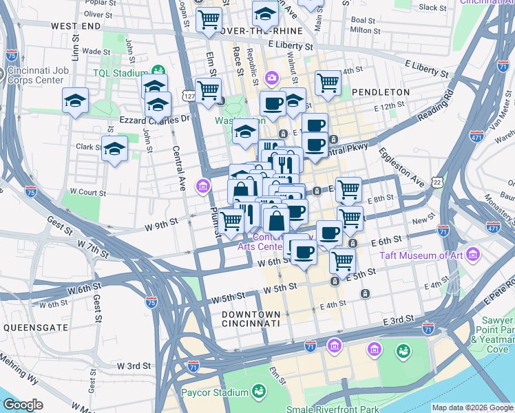 map of restaurants, bars, coffee shops, grocery stores, and more near 109 West 9th Street in Cincinnati