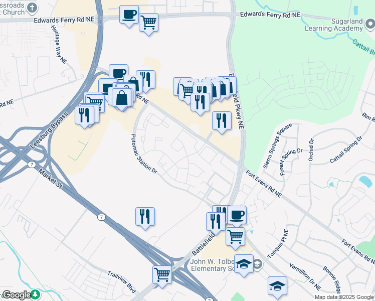 map of restaurants, bars, coffee shops, grocery stores, and more near 408 Lilac Terrace Northeast in Leesburg