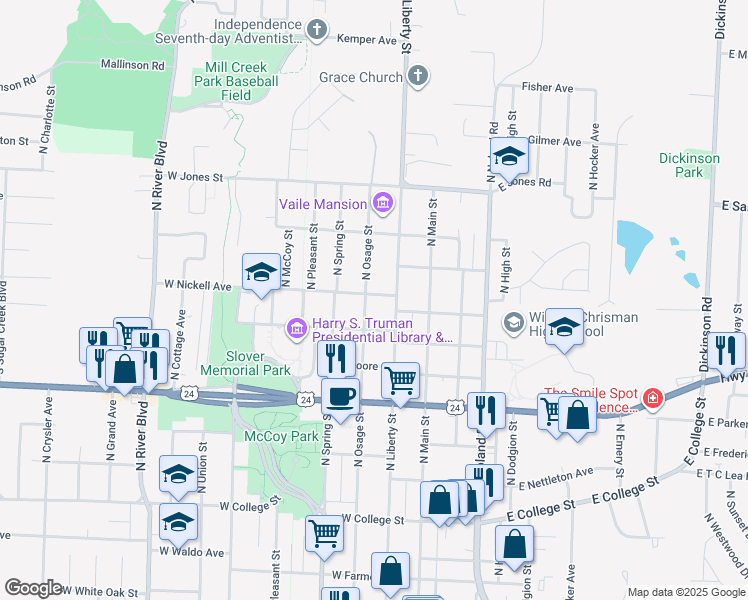 map of restaurants, bars, coffee shops, grocery stores, and more near 1225 North Osage Street in Independence