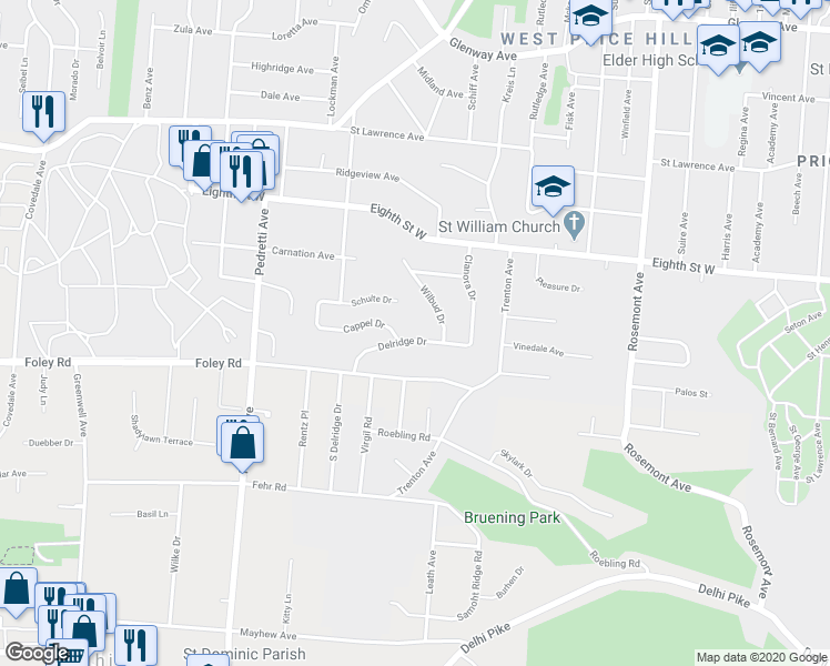 map of restaurants, bars, coffee shops, grocery stores, and more near 4270 Delridge Drive in Cincinnati