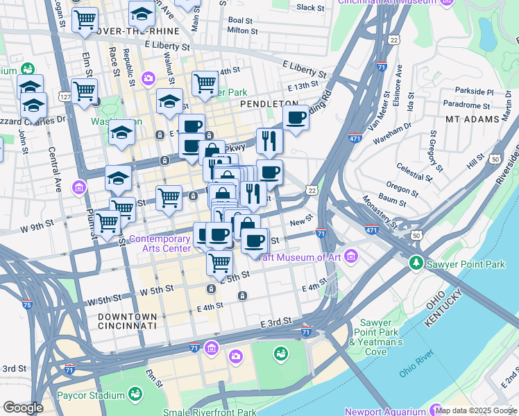 map of restaurants, bars, coffee shops, grocery stores, and more near in Cincinnati