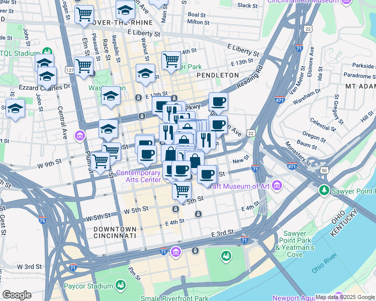map of restaurants, bars, coffee shops, grocery stores, and more near 234 East 8th Street in Cincinnati