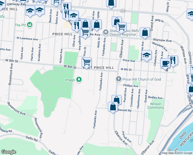 map of restaurants, bars, coffee shops, grocery stores, and more near 767 Wells Street in Cincinnati