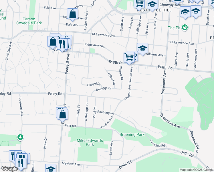 map of restaurants, bars, coffee shops, grocery stores, and more near 4270 Delridge Drive in Cincinnati