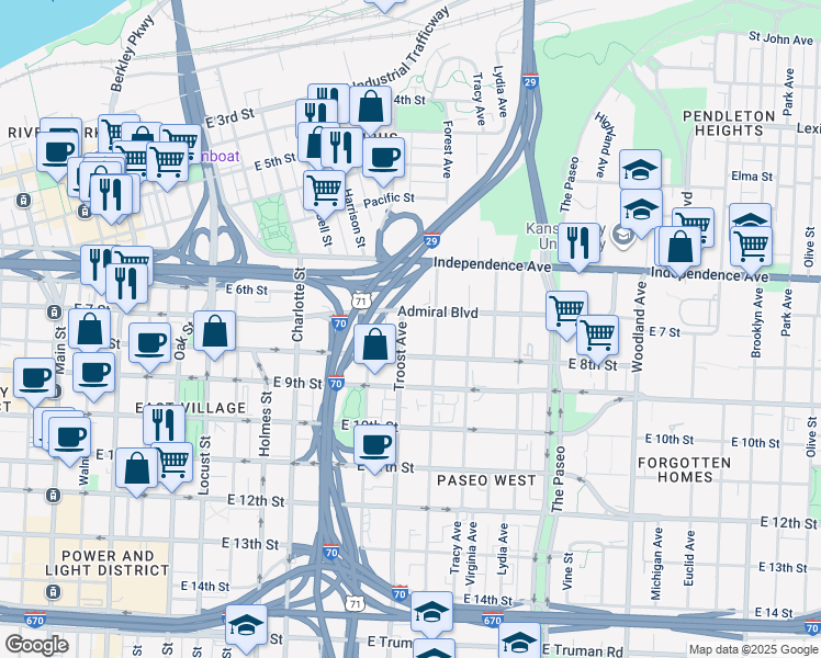 map of restaurants, bars, coffee shops, grocery stores, and more near 1119 Admiral Boulevard in Kansas City