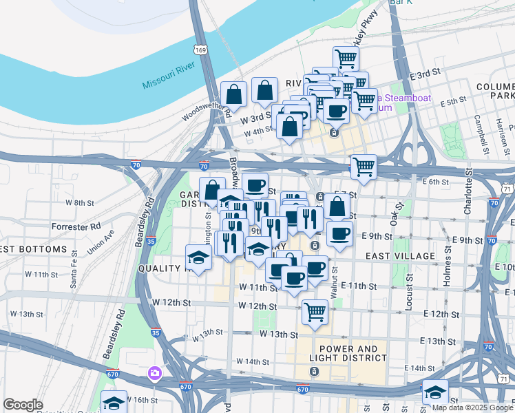 map of restaurants, bars, coffee shops, grocery stores, and more near 716 May Street in Kansas City