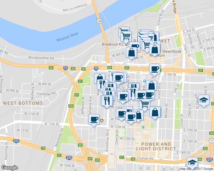 map of restaurants, bars, coffee shops, grocery stores, and more near in Kansas City