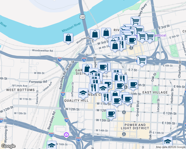 map of restaurants, bars, coffee shops, grocery stores, and more near in Kansas City