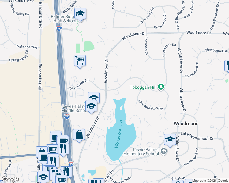 map of restaurants, bars, coffee shops, grocery stores, and more near 1680 Deer Creek Road in Monument