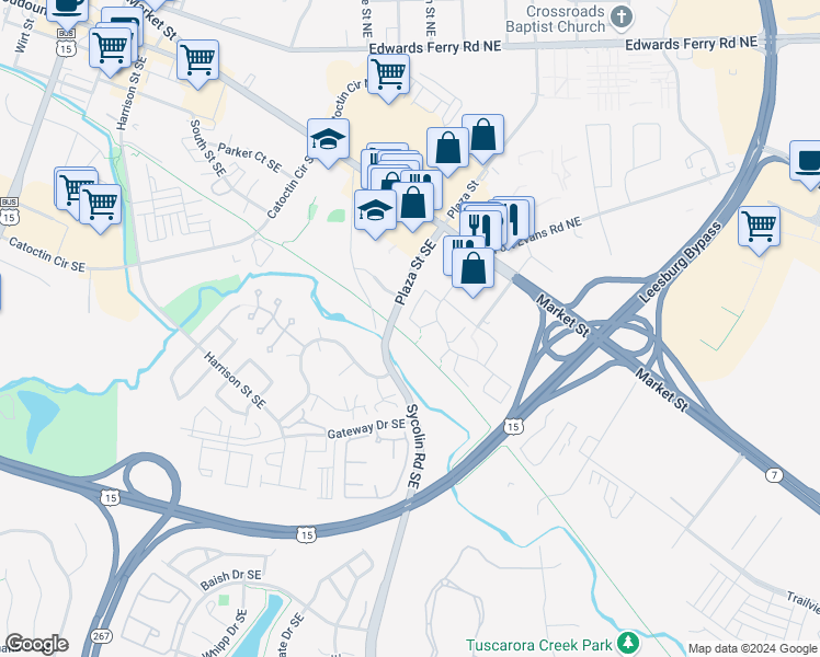 map of restaurants, bars, coffee shops, grocery stores, and more near 126 Fort Evans Road Southeast in Leesburg