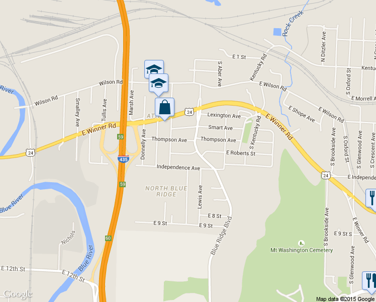 map of restaurants, bars, coffee shops, grocery stores, and more near 8626 Roberts Street in Kansas City
