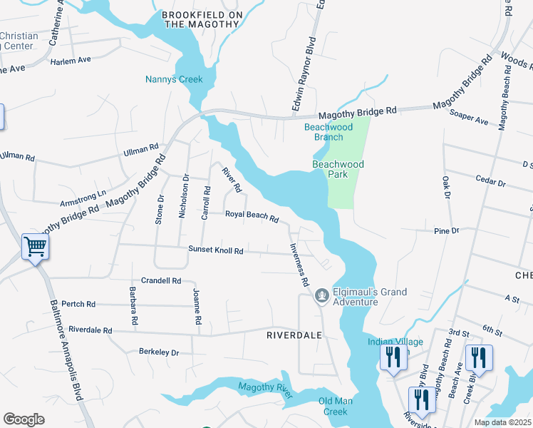 map of restaurants, bars, coffee shops, grocery stores, and more near 452 Royal Beach Road in Pasadena