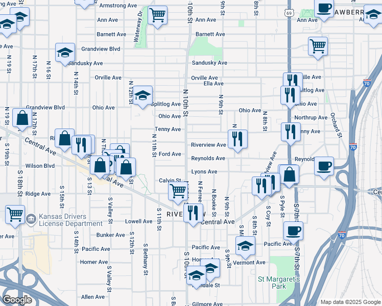 map of restaurants, bars, coffee shops, grocery stores, and more near 201 North 10th Street in Kansas City