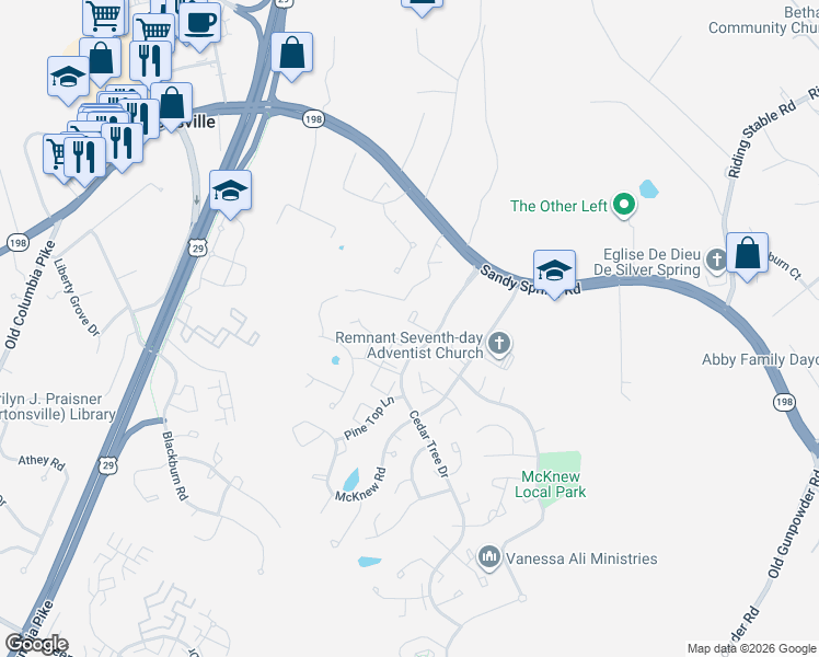 map of restaurants, bars, coffee shops, grocery stores, and more near 4221 Red Maple Court in Burtonsville
