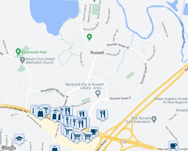map of restaurants, bars, coffee shops, grocery stores, and more near 3401 Lindenwood Drive in Laurel