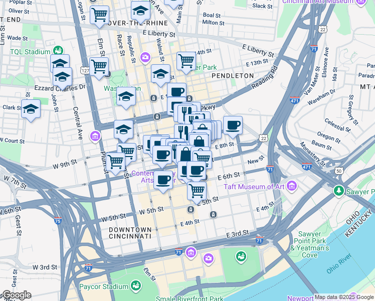 map of restaurants, bars, coffee shops, grocery stores, and more near 110 East 8th Street in Cincinnati