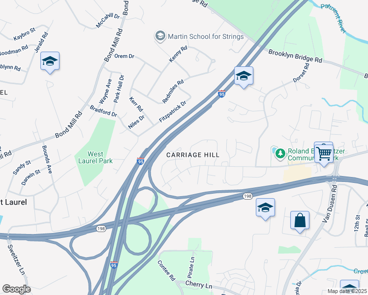 map of restaurants, bars, coffee shops, grocery stores, and more near 15623 Plaid Drive in Laurel