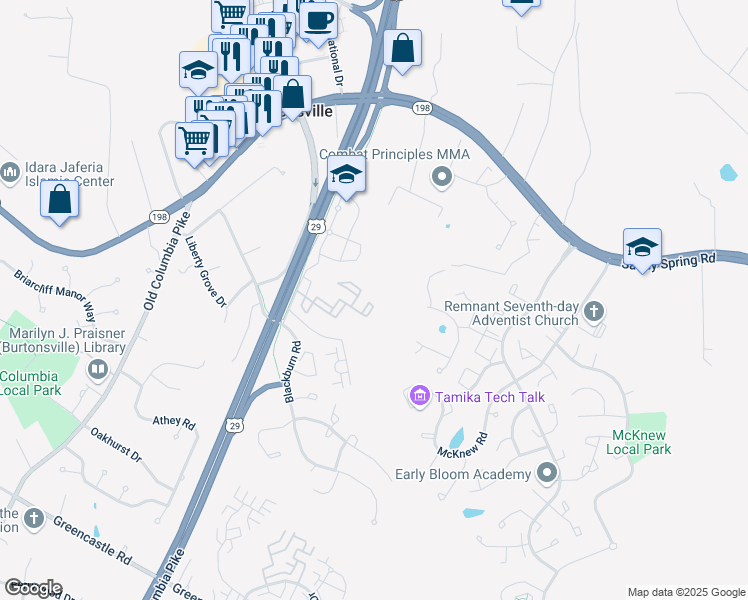 map of restaurants, bars, coffee shops, grocery stores, and more near 3918 Blackburn Lane in Burtonsville