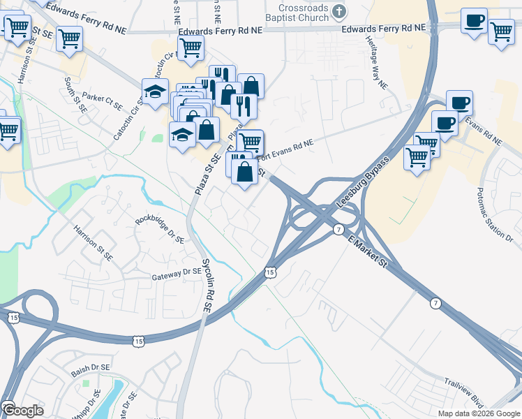 map of restaurants, bars, coffee shops, grocery stores, and more near 80 Prosperity Avenue Southeast in Leesburg