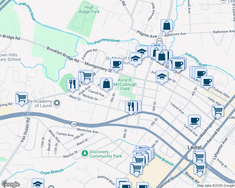 map of restaurants, bars, coffee shops, grocery stores, and more near 506B 9th Street in Laurel