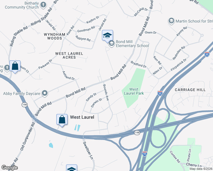 map of restaurants, bars, coffee shops, grocery stores, and more near 15609 Bounds Avenue in Laurel