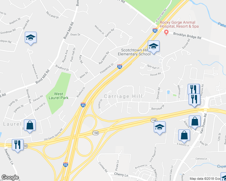map of restaurants, bars, coffee shops, grocery stores, and more near 15623 Plaid Drive in Laurel