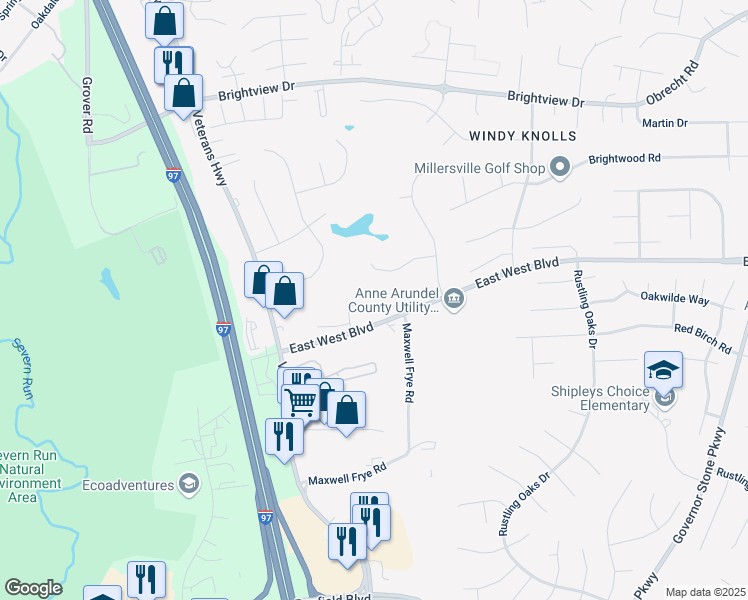 map of restaurants, bars, coffee shops, grocery stores, and more near 514 French Point Court in Millersville