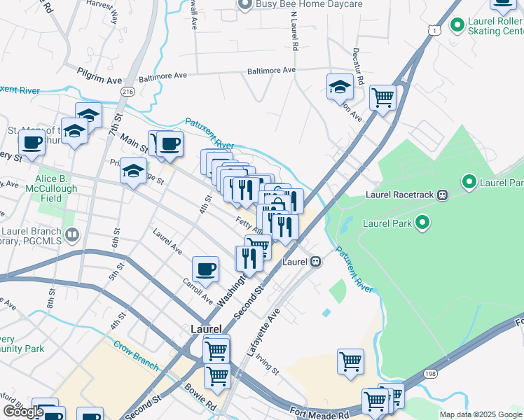 map of restaurants, bars, coffee shops, grocery stores, and more near 329b Main Street in Laurel