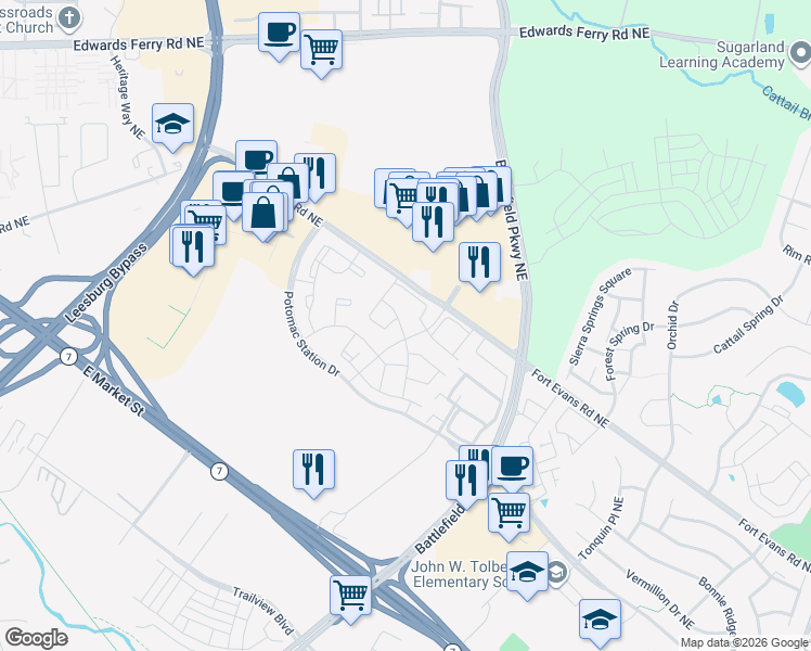 map of restaurants, bars, coffee shops, grocery stores, and more near 410 Lilac Terrace Northeast in Leesburg