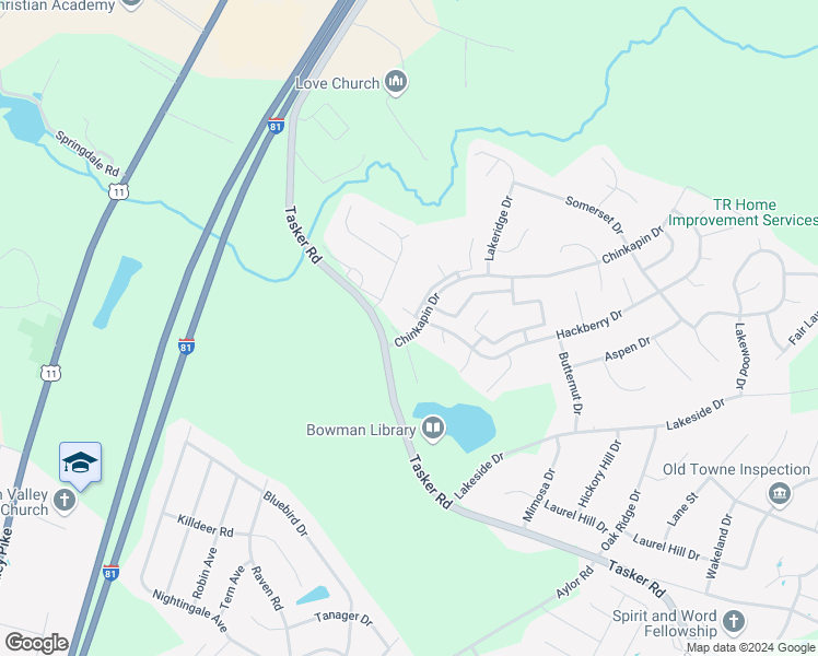 map of restaurants, bars, coffee shops, grocery stores, and more near 117 Chinkapin Drive in Stephens City